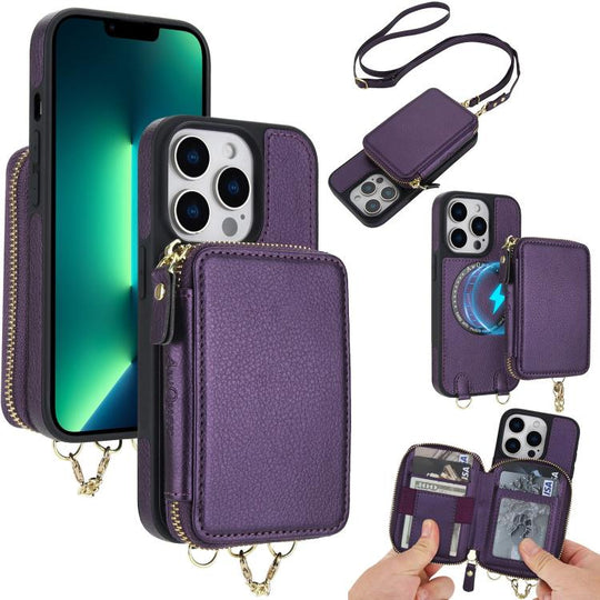 For iPhone 13 Pro AwQuer 2 in 1 Crossbody Zipper Wallet Leather Back Phone Case(Dark Purple)