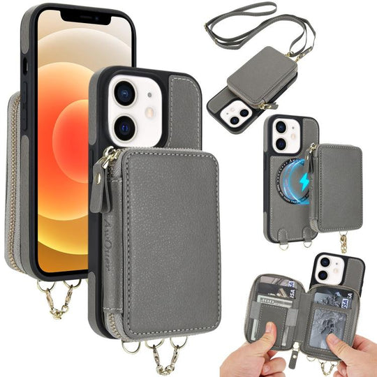 For iPhone 12 / 12 Pro AwQuer 2 in 1 Crossbody Zipper Wallet Leather Back Phone Case(Grey)