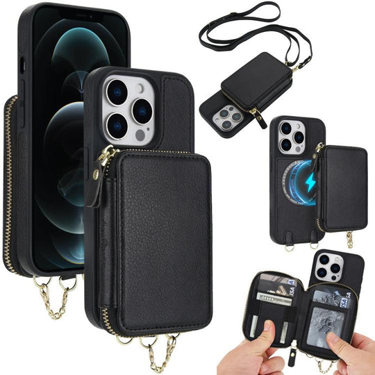 For iPhone 12 Pro Max AwQuer 2 in 1 Crossbody Zipper Wallet Leather Back Phone Case(Black)