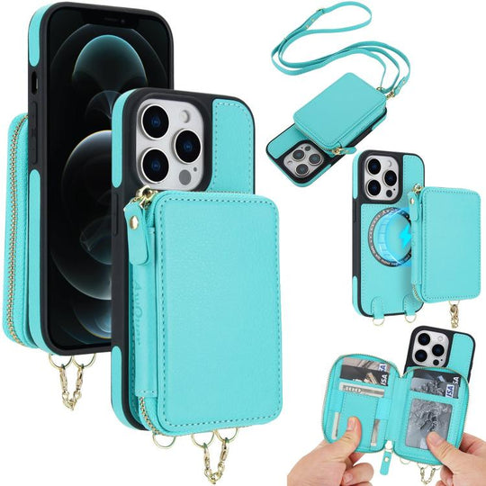 For iPhone 12 Pro Max AwQuer 2 in 1 Crossbody Zipper Wallet Leather Back Phone Case(Light Green)