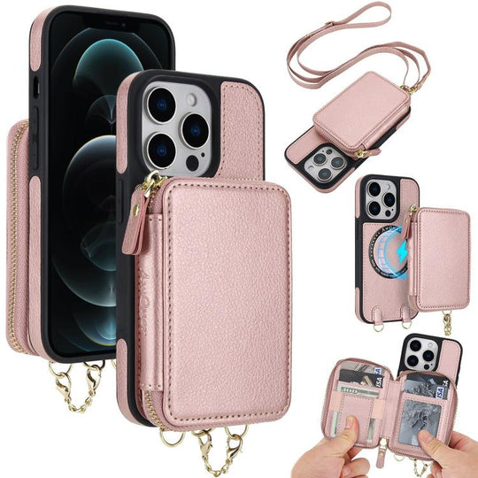 For iPhone 12 Pro Max AwQuer 2 in 1 Crossbody Zipper Wallet Leather Back Phone Case(Rose Gold)