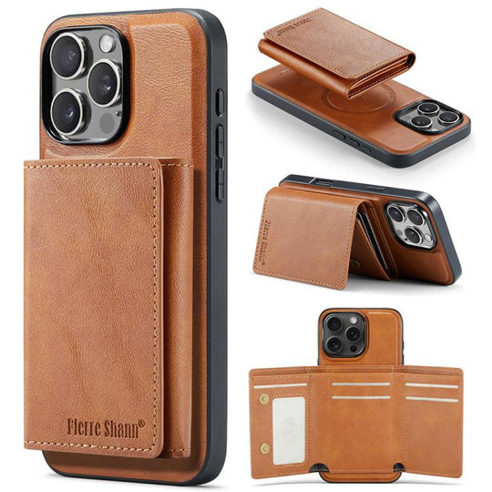 For iPhone 16 Pro Fierre Shann 2 in 1 Holder RFID Card Slot Wallet MagSafe Phone Case(Dark Brown)