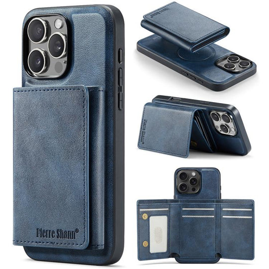 For iPhone 16 Pro Fierre Shann 2 in 1 Holder RFID Card Slot Wallet MagSafe Phone Case(Blue)