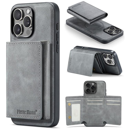 For iPhone 16 Pro Fierre Shann 2 in 1 Holder RFID Card Slot Wallet MagSafe Phone Case(Grey)