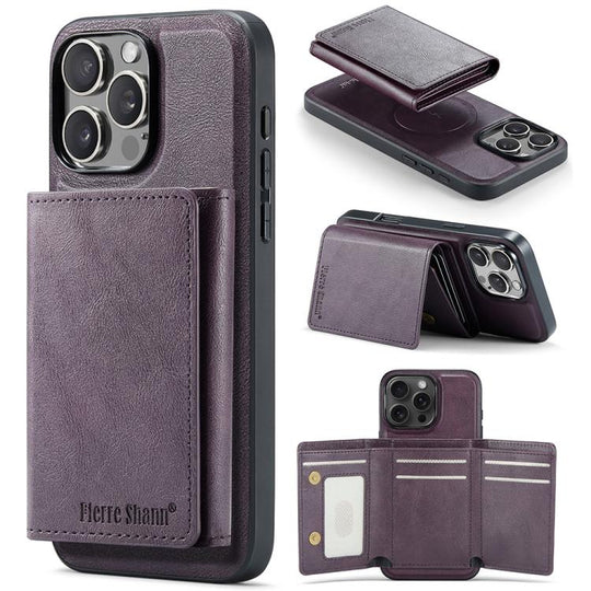 For iPhone 16 Pro Fierre Shann 2 in 1 Holder RFID Card Slot Wallet MagSafe Phone Case(Purple)