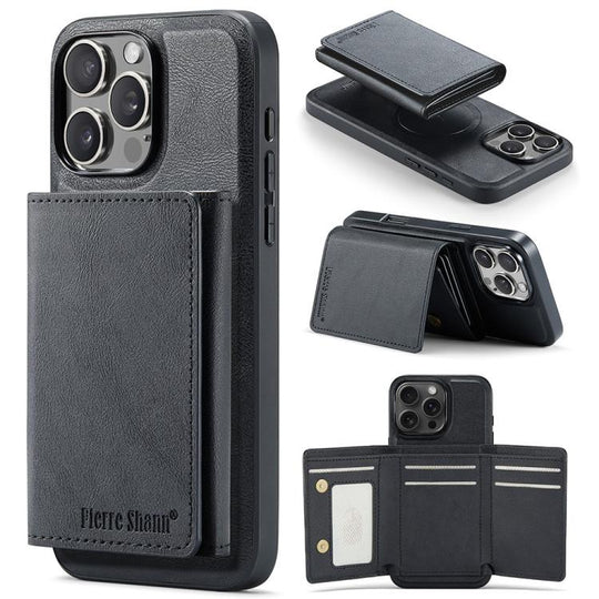 For iPhone 16 Pro Fierre Shann 2 in 1 Holder RFID Card Slot Wallet MagSafe Phone Case(Black)