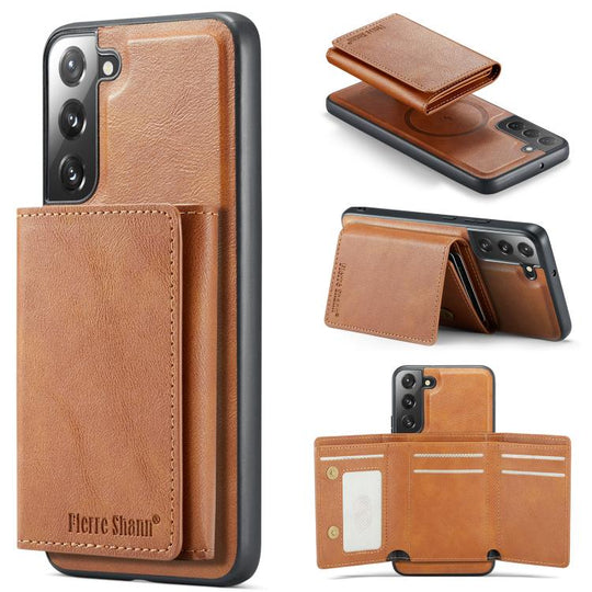 For Galaxy S22+ 5G Fierre Shann 2 in 1 Holder RFID Card Slot Wallet MagSafe Phone Case(Dark Brown)