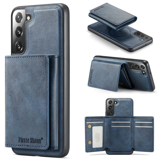 For Galaxy S22+ 5G Fierre Shann 2 in 1 Holder RFID Card Slot Wallet MagSafe Phone Case(Blue)