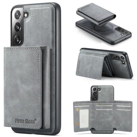 For Galaxy S22+ 5G Fierre Shann 2 in 1 Holder RFID Card Slot Wallet MagSafe Phone Case(Grey)