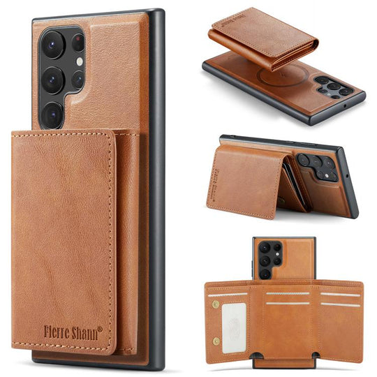 For Samsung Galaxy S24 Ultra 5G Fierre Shann 2 in 1 Holder RFID Card Slot Wallet MagSafe Phone Case(Dark Brown)