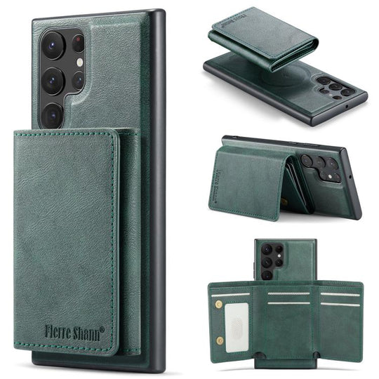 For Samsung Galaxy S24 Ultra 5G Fierre Shann 2 in 1 Holder RFID Card Slot Wallet MagSafe Phone Case(Green)