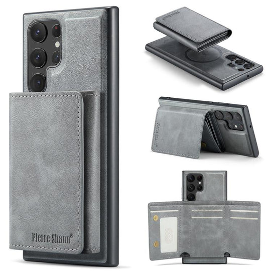 For Samsung Galaxy S24 Ultra 5G Fierre Shann 2 in 1 Holder RFID Card Slot Wallet MagSafe Phone Case(Grey)