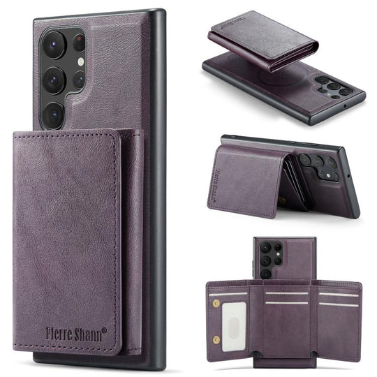 For Samsung Galaxy S24 Ultra 5G Fierre Shann 2 in 1 Holder RFID Card Slot Wallet MagSafe Phone Case(Purple)