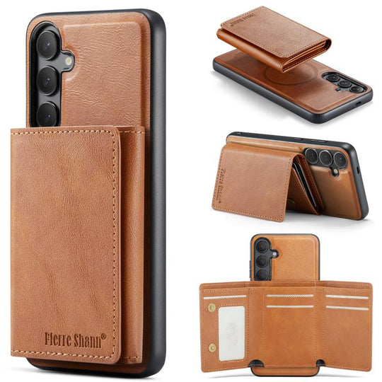 For Samsung Galaxy S24+ 5G Fierre Shann 2 in 1 Holder RFID Card Slot Wallet MagSafe Phone Case(Dark Brown)