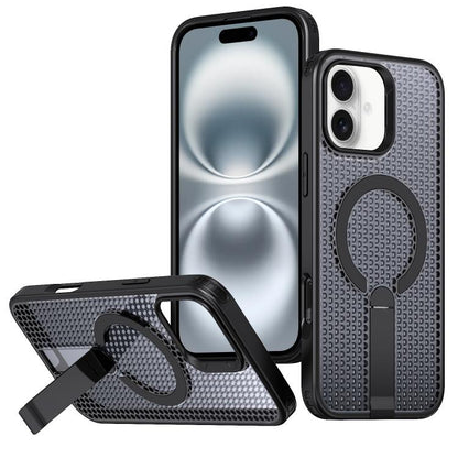 For iPhone 16 kalebol Honeycomb Cooling MagSafe Holder Phone Case(Black) - iPhone 16 Cases by Kalebol | Online Shopping UK | buy2fix