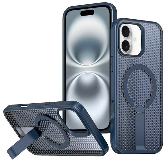 For iPhone 16 kalebol Honeycomb Cooling MagSafe Holder Phone Case(Blue)