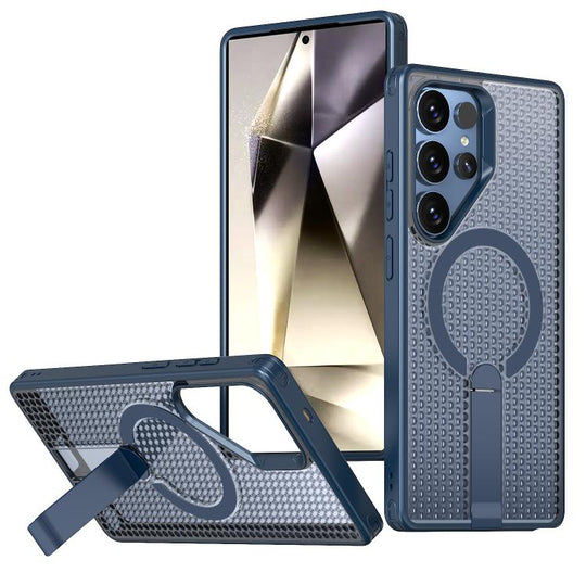 For Galaxy S24 Ultra 5G kalebol Honeycomb Cooling MagSafe Holder Phone Case(Blue)