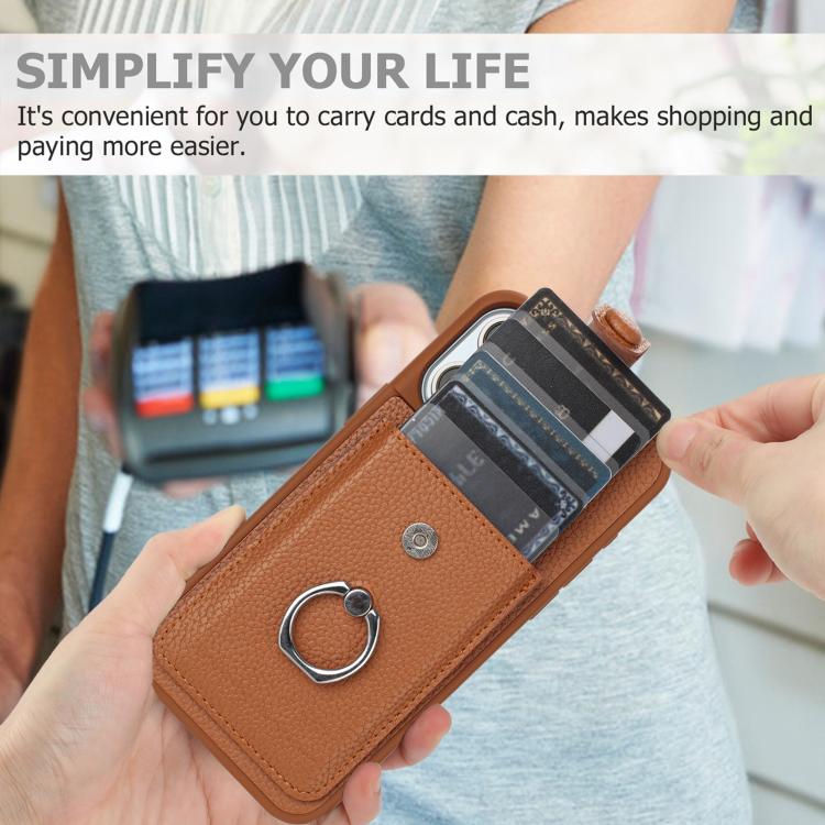 For iPhone Air Litchi Texture Drawing Card Bag Ring Holder Phone Case(Brown) - iPhone Air Cases by buy2fix | Online Shopping UK | buy2fix
