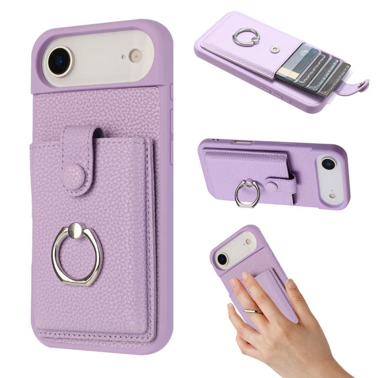 For iPhone Air Litchi Texture Drawing Card Bag Ring Holder Phone Case(Purple) - iPhone Air Cases by buy2fix | Online Shopping UK | buy2fix