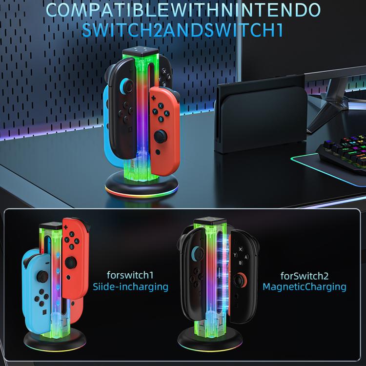For Nintendo Switch 1 / 2 JYS NS2318 4 in 1 Game Controller Charging Dock with RGB Light(Transparent) - Charger & Power by JYS | Online Shopping UK | buy2fix