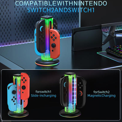For Nintendo Switch 1 / 2 JYS NS2318 4 in 1 Game Controller Charging Dock with RGB Light(Transparent) - Charger & Power by JYS | Online Shopping UK | buy2fix