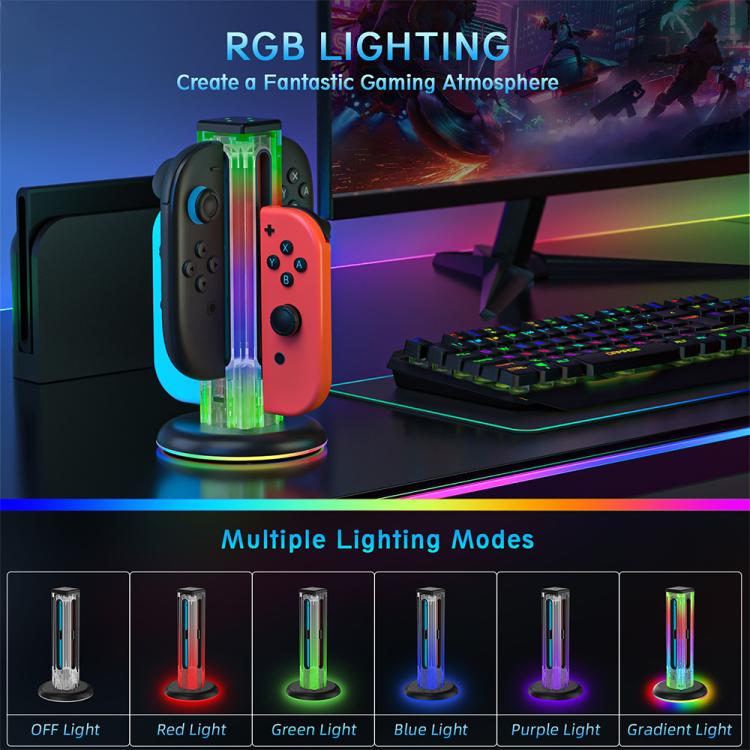 For Nintendo Switch 1 / 2 JYS NS2318 4 in 1 Game Controller Charging Dock with RGB Light(Transparent Black) - Charger & Power by JYS | Online Shopping UK | buy2fix
