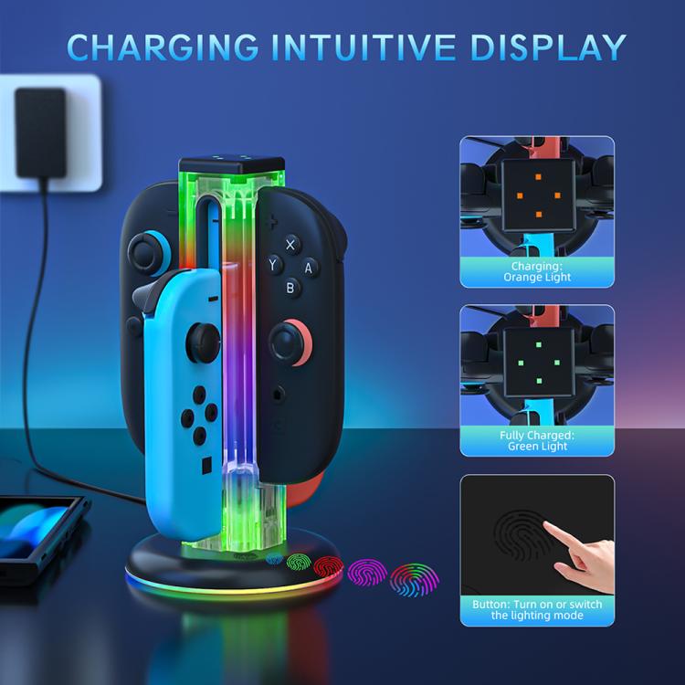 For Nintendo Switch 1 / 2 JYS NS2318 4 in 1 Game Controller Charging Dock with RGB Light(Transparent Black) - Charger & Power by JYS | Online Shopping UK | buy2fix
