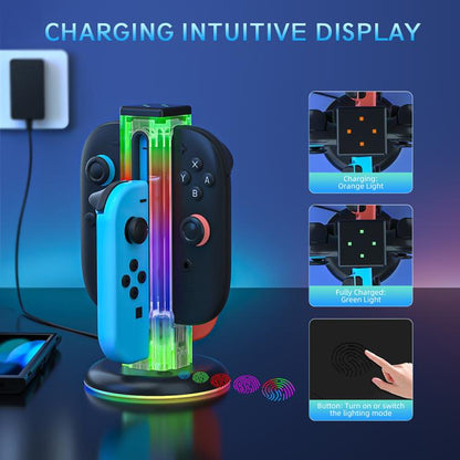 For Nintendo Switch 1 / 2 JYS NS2318 4 in 1 Game Controller Charging Dock with RGB Light(Transparent Black) - Charger & Power by JYS | Online Shopping UK | buy2fix