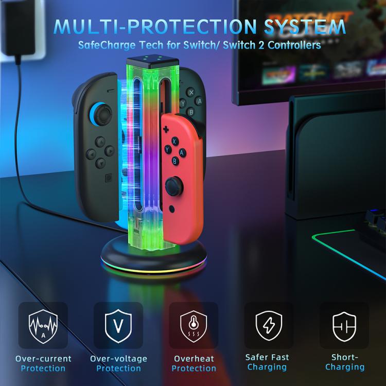 For Nintendo Switch 1 / 2 JYS NS2318 4 in 1 Game Controller Charging Dock with RGB Light(Transparent) - Charger & Power by JYS | Online Shopping UK | buy2fix