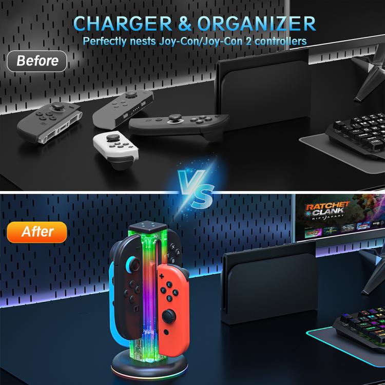 For Nintendo Switch 1 / 2 JYS NS2318 4 in 1 Game Controller Charging Dock with RGB Light(Transparent Black) - Charger & Power by JYS | Online Shopping UK | buy2fix