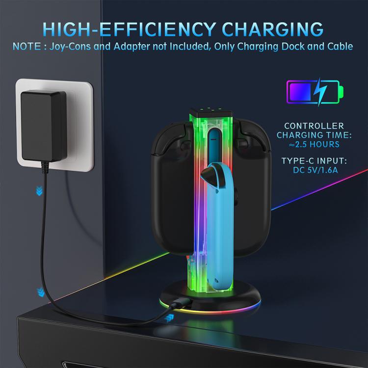 For Nintendo Switch 1 / 2 JYS NS2318 4 in 1 Game Controller Charging Dock with RGB Light(Transparent Black) - Charger & Power by JYS | Online Shopping UK | buy2fix