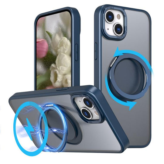 For iPhone 14 Plus Kalebol 360-degree Rotating MagSafe Magnetic Holder Phone Case(Blue)