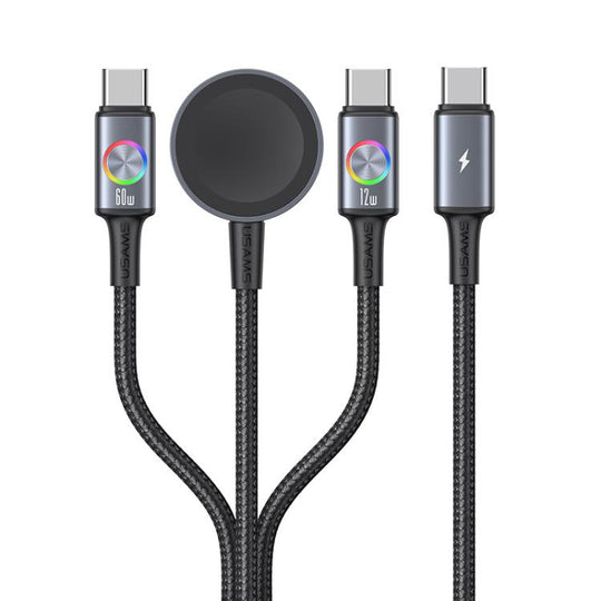 USAMS SJ754 72W 3 in 1 Colorful Light Aluminum Alloy Fast Data Charging Cable, Length: 1.2m(Gun Color)