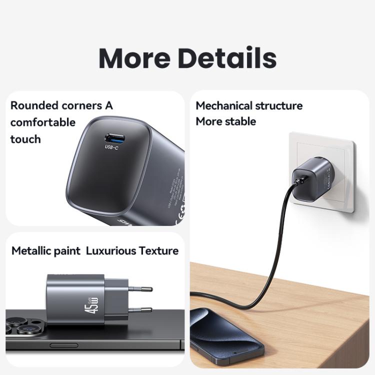 USAMS CC323 T66 45W USB-C / Type-C GaN Fast Charger, EU Plug(Gunmetal) - USB Charger by USAMS | Online Shopping UK | buy2fix