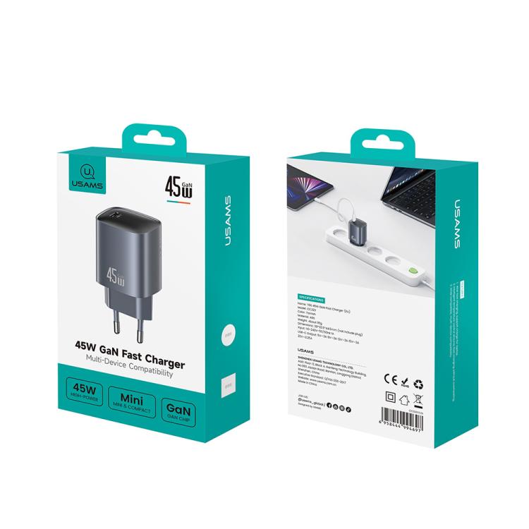 USAMS CC323 T66 45W USB-C / Type-C GaN Fast Charger, EU Plug(Gunmetal) - USB Charger by USAMS | Online Shopping UK | buy2fix