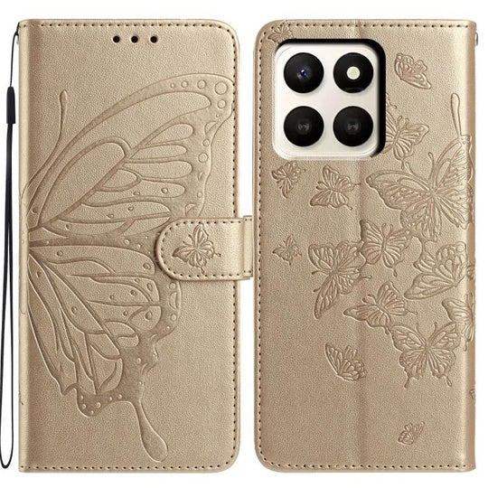 For Honor X7d 5G Butterfly Flutter Pattern Embossed Leather Phone Case(Gold)