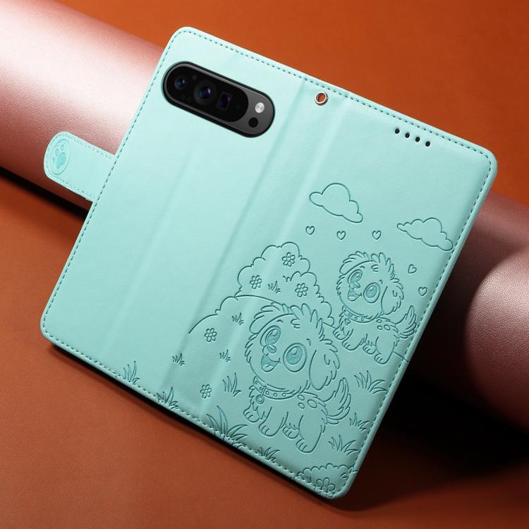 For Google Pixel 10 / 10 Pro / 9 / 9 Pro Embossed Heart Dog RFID Blocking Wallet Leather Phone Case(Green) - Google Cases by buy2fix | Online Shopping UK | buy2fix