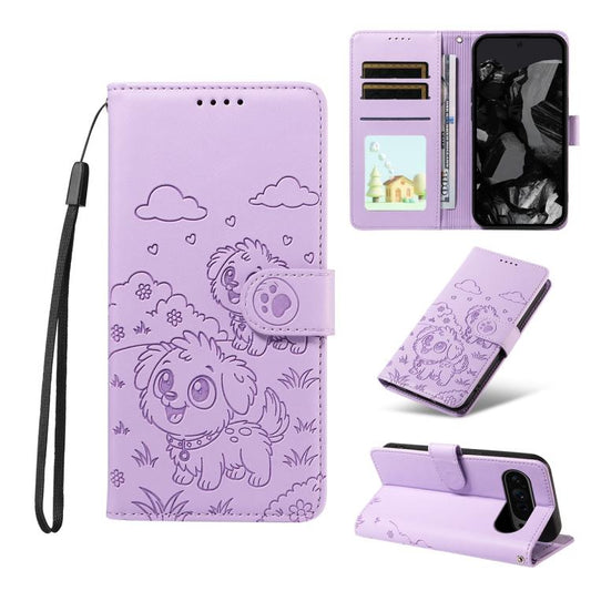 For Google Pixel 10 / 10 Pro / 9 / 9 Pro Embossed Heart Dog RFID Blocking Wallet Leather Phone Case(Purple) - Google Cases by buy2fix | Online Shopping UK | buy2fix
