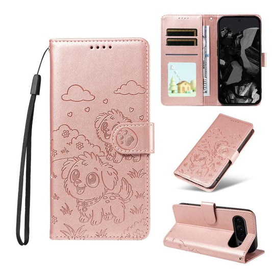 For Google Pixel 10 / 10 Pro / 9 / 9 Pro Embossed Heart Dog RFID Blocking Wallet Leather Phone Case(Rose Gold) - Google Cases by buy2fix | Online Shopping UK | buy2fix