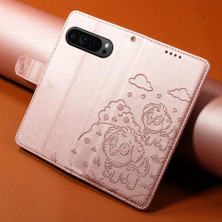 For Google Pixel 10 / 10 Pro / 9 / 9 Pro Embossed Heart Dog RFID Blocking Wallet Leather Phone Case(Rose Gold) - Google Cases by buy2fix | Online Shopping UK | buy2fix