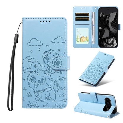 For Google Pixel 10 / 10 Pro / 9 / 9 Pro Embossed Heart Dog RFID Blocking Wallet Leather Phone Case(Sky Blue) - Google Cases by buy2fix | Online Shopping UK | buy2fix