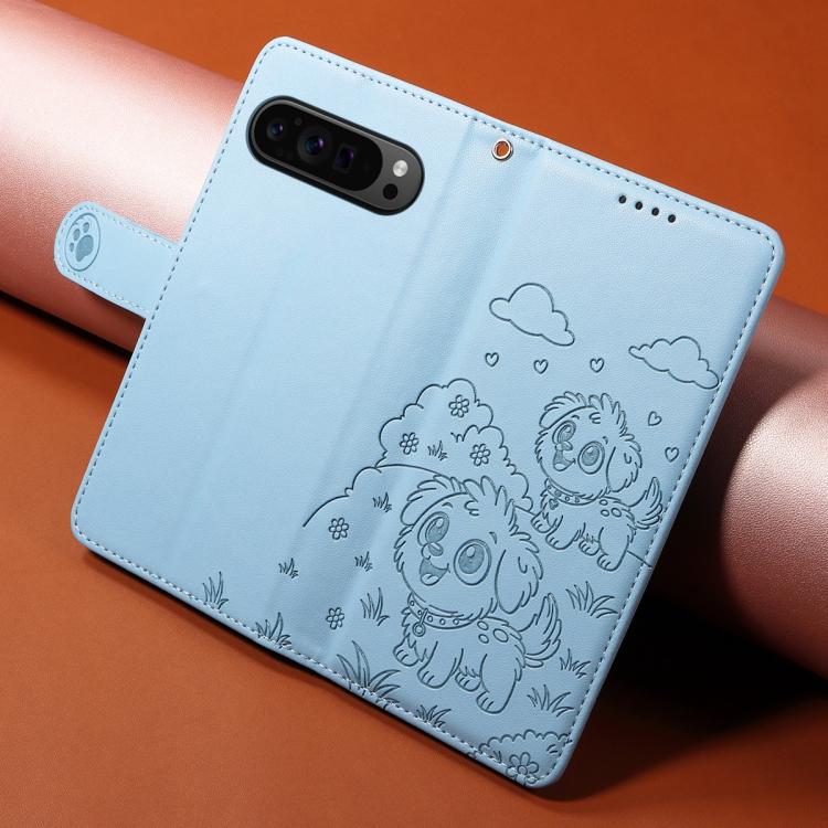 For Google Pixel 10 / 10 Pro / 9 / 9 Pro Embossed Heart Dog RFID Blocking Wallet Leather Phone Case(Sky Blue) - Google Cases by buy2fix | Online Shopping UK | buy2fix
