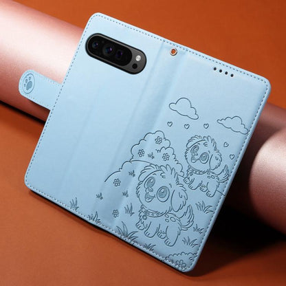 For Google Pixel 10 / 10 Pro / 9 / 9 Pro Embossed Heart Dog RFID Blocking Wallet Leather Phone Case(Sky Blue) - Google Cases by buy2fix | Online Shopping UK | buy2fix