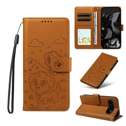 For Google Pixel 10 / 10 Pro / 9 / 9 Pro Embossed Heart Dog RFID Blocking Wallet Leather Phone Case(Brown) - Google Cases by buy2fix | Online Shopping UK | buy2fix