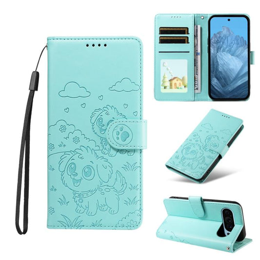 For Google Pixel 10 Pro XL / 9 Pro XL Embossed Heart Dog RFID Blocking Wallet Leather Phone Case(Green) - Google Cases by buy2fix | Online Shopping UK | buy2fix