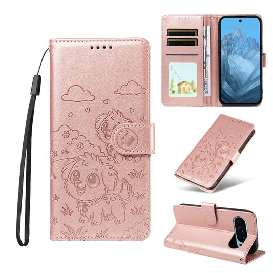 For Google Pixel 10 Pro XL / 9 Pro XL Embossed Heart Dog RFID Blocking Wallet Leather Phone Case(Rose Gold) - Google Cases by buy2fix | Online Shopping UK | buy2fix