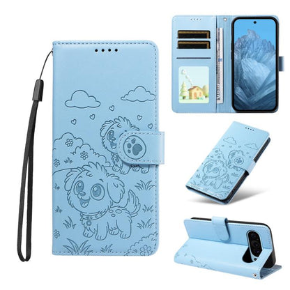 For Google Pixel 10 Pro XL / 9 Pro XL Embossed Heart Dog RFID Blocking Wallet Leather Phone Case(Sky Blue) - Google Cases by buy2fix | Online Shopping UK | buy2fix