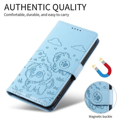 For Google Pixel 10 Pro XL / 9 Pro XL Embossed Heart Dog RFID Blocking Wallet Leather Phone Case(Sky Blue) - Google Cases by buy2fix | Online Shopping UK | buy2fix