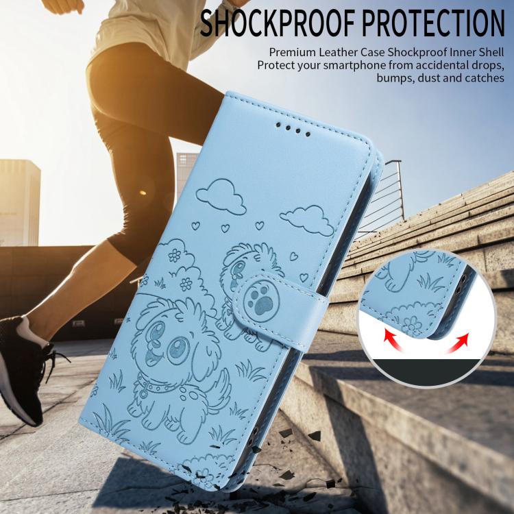 For Google Pixel 10 Pro XL / 9 Pro XL Embossed Heart Dog RFID Blocking Wallet Leather Phone Case(Sky Blue) - Google Cases by buy2fix | Online Shopping UK | buy2fix