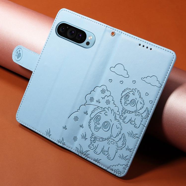 For Google Pixel 10 Pro XL / 9 Pro XL Embossed Heart Dog RFID Blocking Wallet Leather Phone Case(Sky Blue) - Google Cases by buy2fix | Online Shopping UK | buy2fix